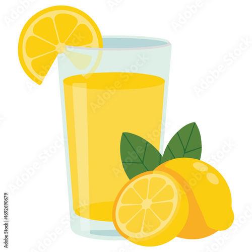 Glass of lemon juice with lemon slice beside it isolated vector illustration on white