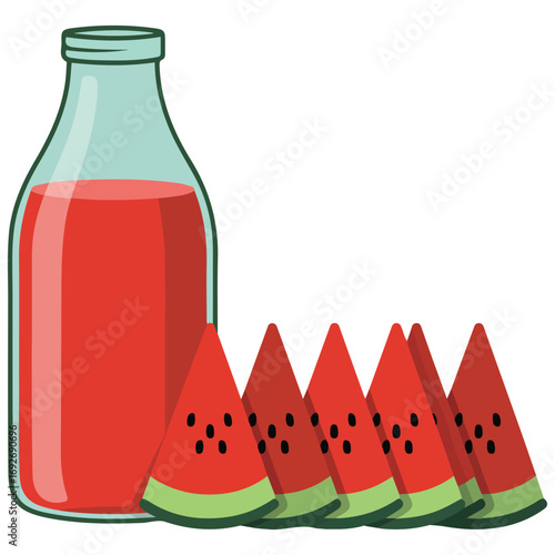Sweet watermelon juice beverage in glass with straw hole lid and fruit pieces isolated