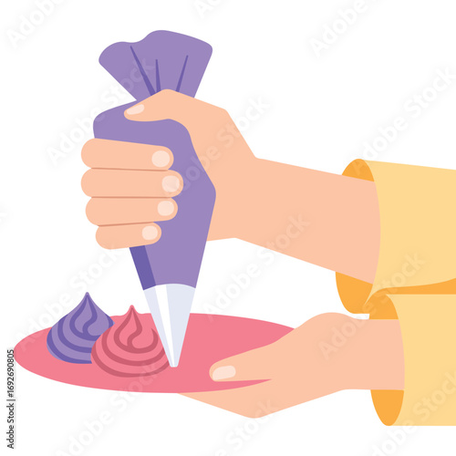 Hand decorating cake using pastry bag with cream cartoon flat illustration vector