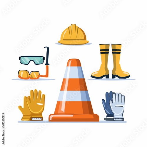 Flat vector illustration of essential construction site safety gear, featuring a hard hat, traffic cone, protective boots, gloves, and goggles