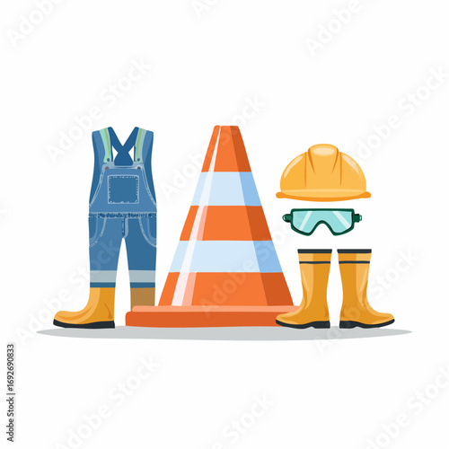 A comprehensive vector set of personal protective equipment for industrial safety, including a hard hat, boots, goggles, overalls, and a traffic cone