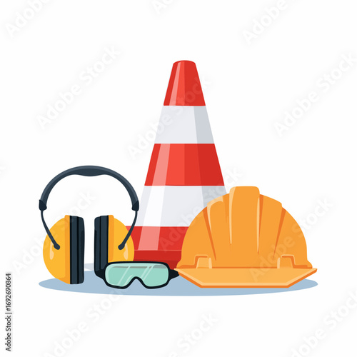 Vector graphic collection of personal protective equipment for industrial safety, including a helmet, earmuffs, glasses, and a traffic cone