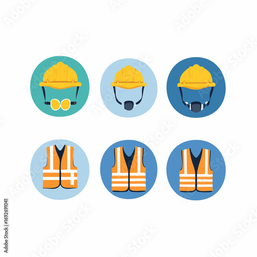 Flat design vector illustration icon set of personal protective equipment for construction, showing safety helmets and vests
