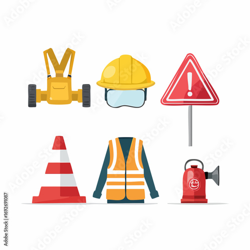 Vector illustrations for safety and construction hard hat, reflective vest, warning sign, traffic cone, safety harness, and emergency alarm devices
