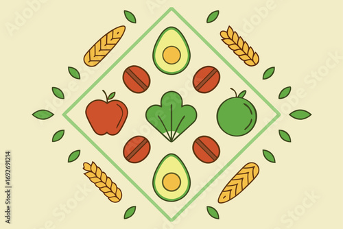 Healthy Food Icons Arranged In A Diamond Shape On A Cream Background diet nutrition