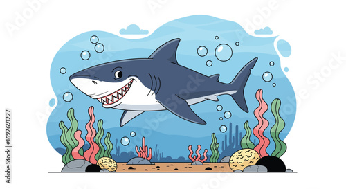 Happy great white shark swimming underwater among colorful coral reefs and bubbles