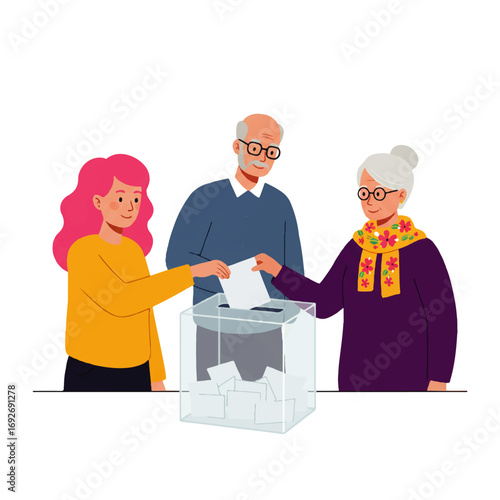A young woman casts her vote as her parents, an elderly couple, watch her, standing behind the ballot box.