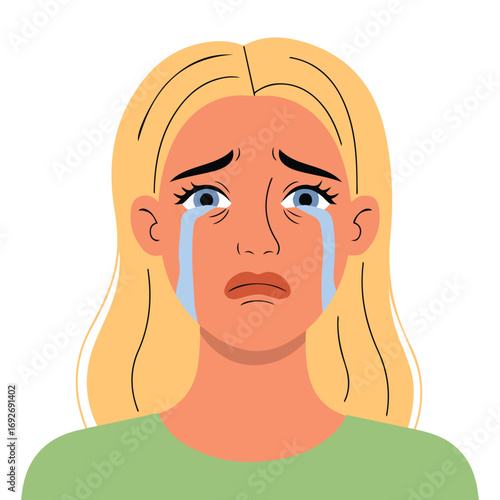 Unhappy crying blonde woman face expression female emotions attractive cartoon character