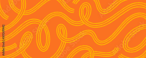 Asian noodle doodle pattern background. Yellow pasta noodles banner design on orange background. Wavy crayon drawn lines texture. Vector abstract food illustration. Funky pasta doodle wallpaper.