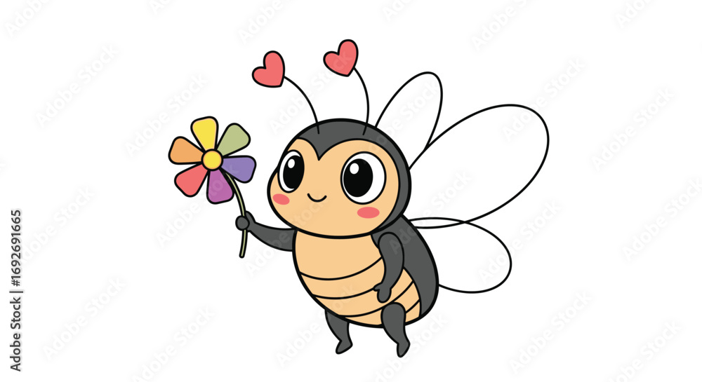 Obraz premium Cute flying bee holding a colorful flower with heart antennae for kids and animal lovers