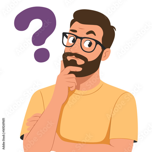 Thinking man with question mark above head vector illustration in cartoon style