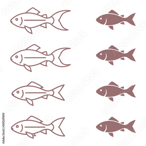 Vector art of collection of stylized fish icons in black outline and vibrant colors