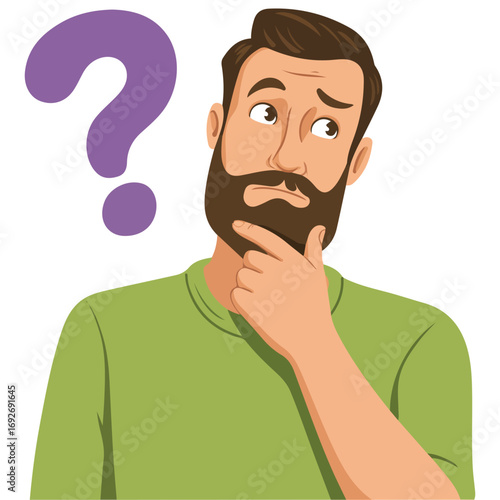 Thoughtful man with question mark vector illustration in cartoon style isolated