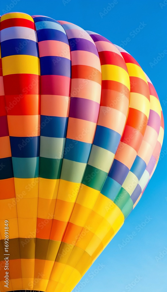 Naklejka premium Colorful checkered hot air balloon ready for flight against blue sky