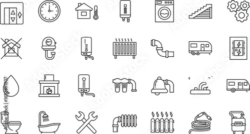 Plumbing and heating icon set, black-and-white line style, home maintenance tools, utility system symbols, vector clipart bundle for technical designPlumbing and heating icon set, black-and-white line