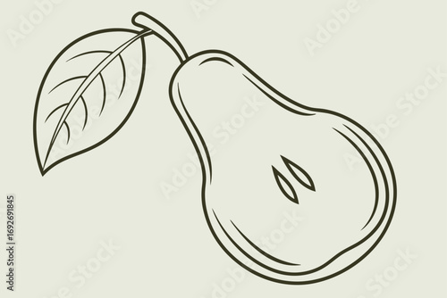 Outline Drawing of a Halved Pear with a Leaf on Beige Background fruit illustration
