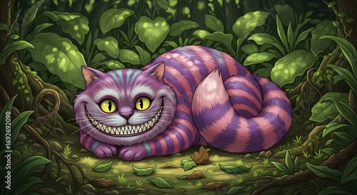 Whimsical illustration of a cheshire cat from alice in wonderland, grinning mischievously in a lush green forest, with vibrant purple and pink stripes