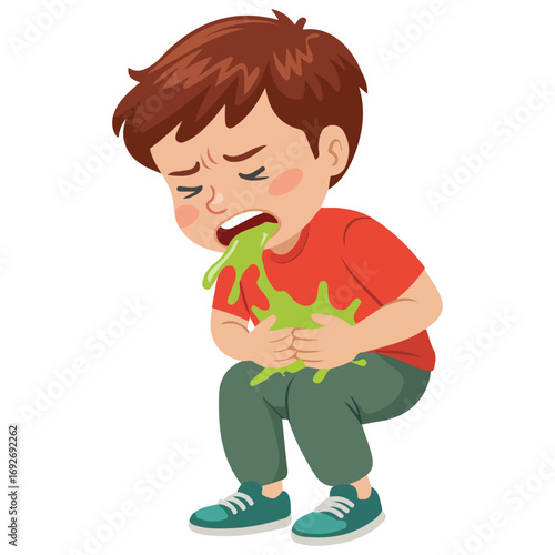 Sad cute kid feeling sick and vomiting isolated vector illustration on white background