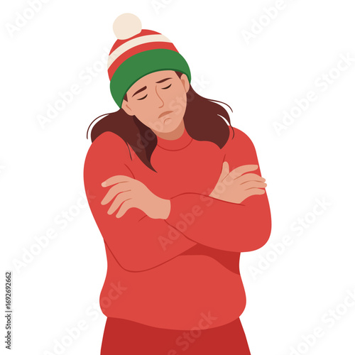 Woman shivering in chilling cold winter season weather freeze vector illustration