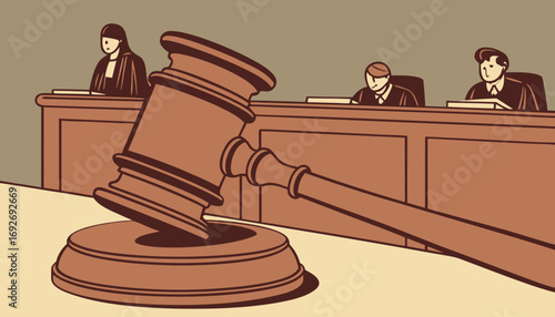 A cinematic close-up of a wooden gavel striking on a sound block in a Pakistani courtroom, with blurred background showing lawyers and the judge’s bench. Add motion blur, dramatic lighting, and ultra-