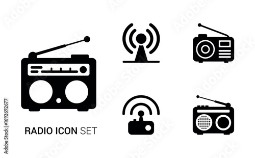 Black radio icon set with antenna and sound wave signals on white background