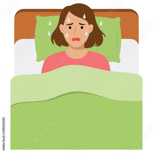 Night sweat during sleep hot flashes menopause disease symptoms flat vector