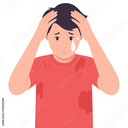 Man wiping sweat with napkin guy sweating boy with sweaty clothes vector