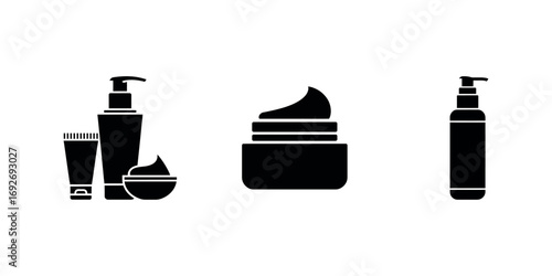 Black cosmetic containers set isolated on white background for beauty and skin care