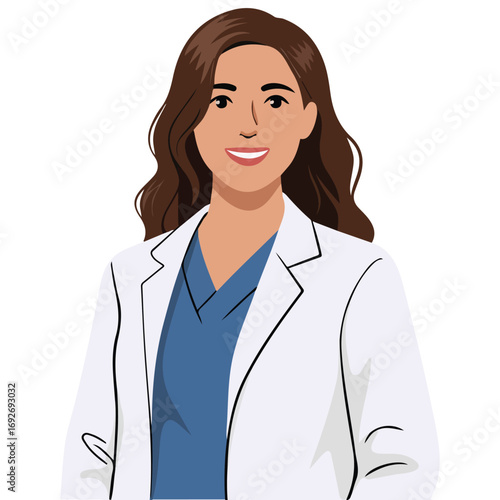 Flat vector illustration white background cute woman doctor white coat arms folded