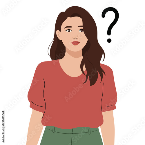 Flat vector illustration woman stands pensive pose thinks over question isolated