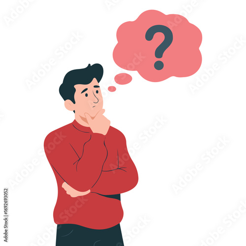 Flat vector illustration man sitting pensive pose thinking over question isolated
