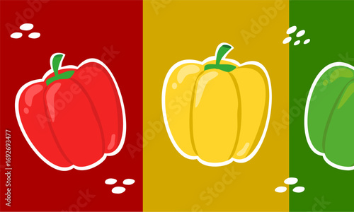 Colorful bell pepper  with white outline set. Red, yellow and green vegetable. Vegetable cartoon. Can be used for wallpaper, sticker and food element
