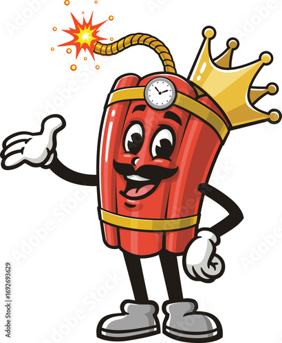 TNT dynamite king mascot cartoon wearing a crown