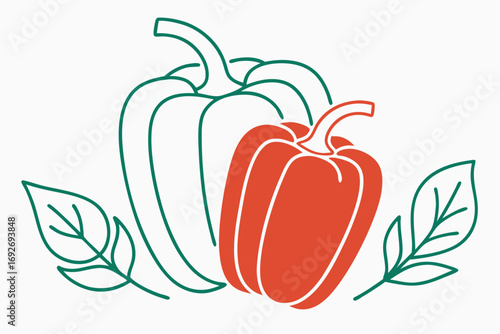 Red bell pepper with green outline and leaves on white background Keywords: bell pepper, vegetable, food