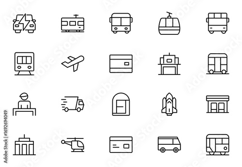 Public transportation outline Icons set. Contain icons related to vehicle, cars, truck, ship, boat, train,  motorcycle, and more. Thin outline icons pack. Vector illustration. editable stroke