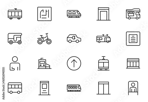 Public transportation outline Icons set. Contain icons related to vehicle, cars, truck, ship, boat, train,  motorcycle, and more. Thin outline icons pack. Vector illustration. editable stroke