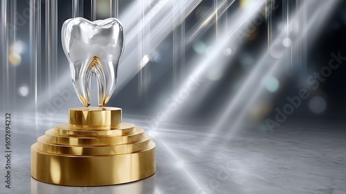 Golden Trophy for Dental Excellence Featuring Clear Tooth Design on Stage