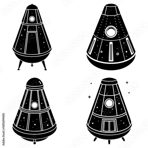 Four black and white vector illustrations of space capsules with varying designs and detailing elements