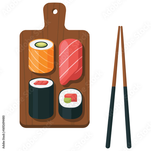 Color flat design Japan ceremony sushi rolls wood plate pickled ginger wasabi soy
