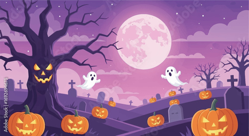 Spooky Halloween night with a scary pumpkin, bats, and a witch's house silhouette against the moon