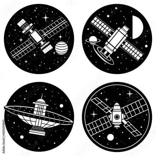 Collection of four circular space themed icons featuring satellites and planets in black and white style