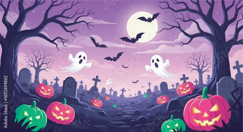 Spooky Halloween night background with bats and pumpkins, a dark vector illustration of a scary autumn holiday scene