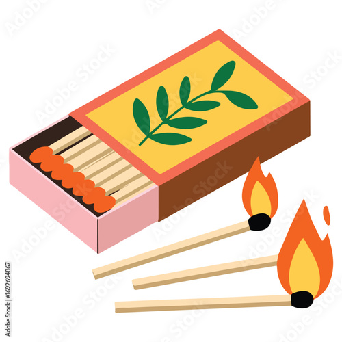 Matches in box burning extinguished wooden sticks flammable substance fire vector