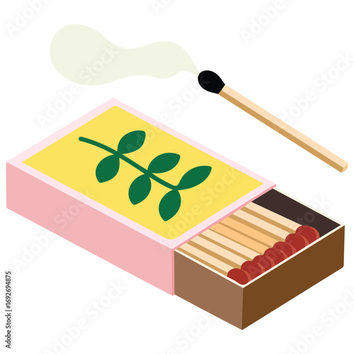 Matches box burning extinguished wooden sticks flammable substance fire cartoon