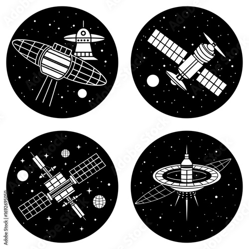 Four circular space icons featuring satellites, space stations, and a spaceship against a starry background