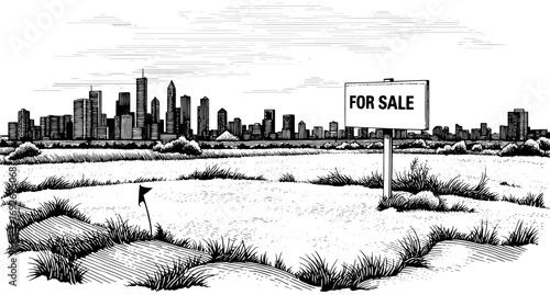 Woodcut style property for sale sign in black and white