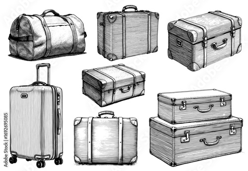 Vintage luggage collection in an engraved style, black and white