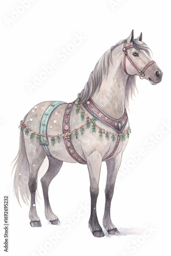 Decorative horse with harness and festive ornaments standing  