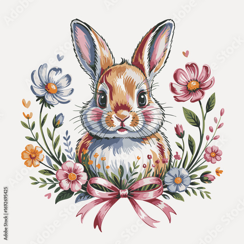 Adorable hand painted baby bunny surrounded by colorful spring flowers and leaves with a pink bow perfect for nursery wall art Easter greeting cards and cute animal themed designs