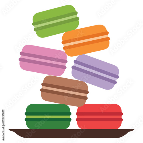 Pastry chef prepared macaroons and baked goods in clear bowls vector illustration